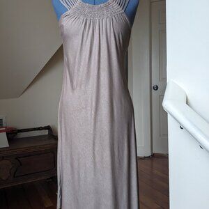 Party dress, open back, asymmetrical hem, flowy, shiny fabric in size s